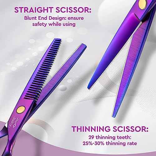 JASON Hair Scissors Professional - 10 PCS Haircut Scissors Set, Thinning Shears for Hair Cutting with 30 Teeth, Straight Shears for Men Women Home Salon Barber (6.7", Purple)