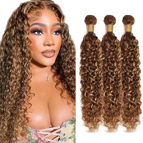 P427 Highlight Blonde Bundles Human Hair Brown Water Wave 3 Bundles 16 16 16 Inch Unprocessed Brazilian Virgin Remy Honey Blonde Water Wave Bundle Human Hair Extensions