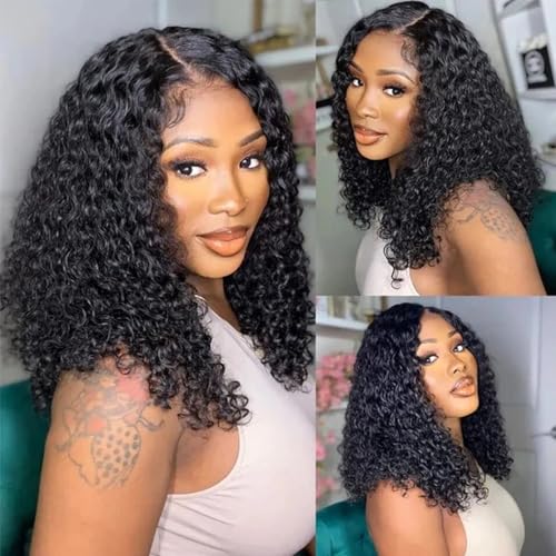 HD Transparent Deep Wave Lace Front Wigs 13X4 Deep Wave Bob Lace Wig Pre Plucked Brazilian Virgin Glueless Human Hair Wig for Black Women Natural Color 250% Density 12 Inch¡¦