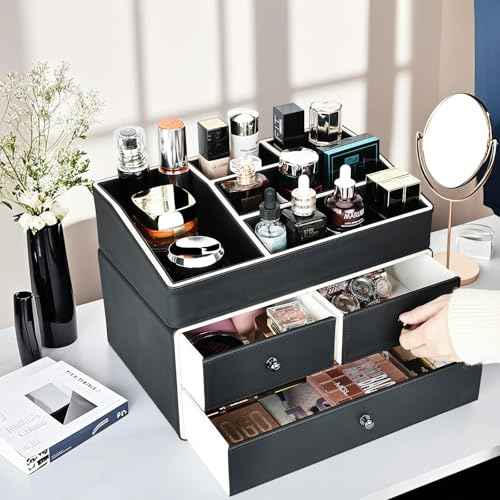 KINGFOM 2 Tier PU Leather Makeup Organizer with 3 Drawers, Cosmetic Storage Organizers for vanity Dresser Countertop and Bathroom Vanity, Beauty Holder for Lipstick Brush Skincare (Black)