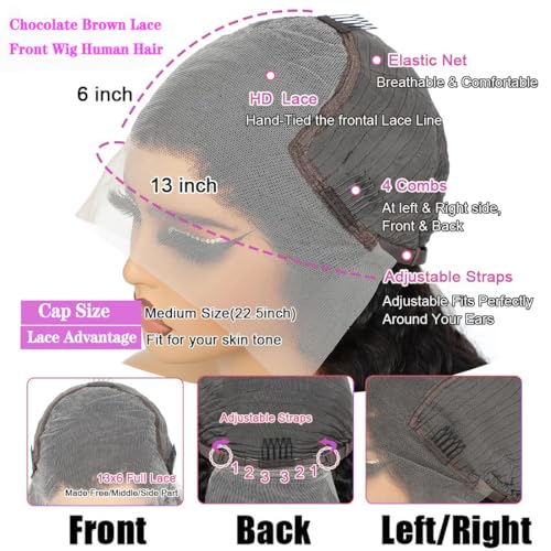 Chocolate Brown Lace Front Wig 13x6 Chocolate Brown Wig Body Wave Lace Front Wigs Human Hair Glueless Wigs 200% Density HD Transparent Body Wave Lace Frontal Wig Human Hair 20 Inch