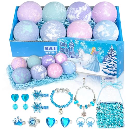 Bath Bombs for Kids with Surprise Inside, 8 Pack Bath Bombs with Frozen Toys, Princess Jewelry & Cross-Body Bag, Natural Fizzy Bubble Bath Balls with Jewelry Set, Christmas Birthday Gift for Girls