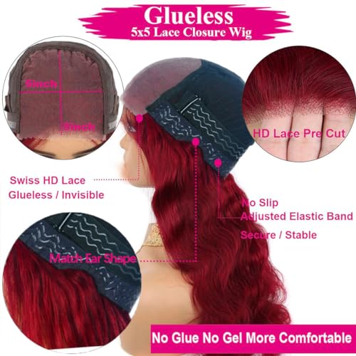 Wear and Go Glueless Wigs Pre Cut Pre Plucked for Beginners Wigs Burgundy 5x5 Lace Closure Wigs Human Hair 99J Burgundy 180% Density Glueless Pre Cut 3 Seconds to Wear 20 Inch