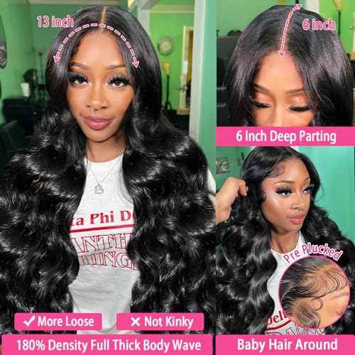 13x6 Body Wave Lace Front Wigs Human Hair Pre Plucked, 180% Density HD Transparent Glueless Lace Frontal Wigs with Baby Hair for Women, 26 Inch