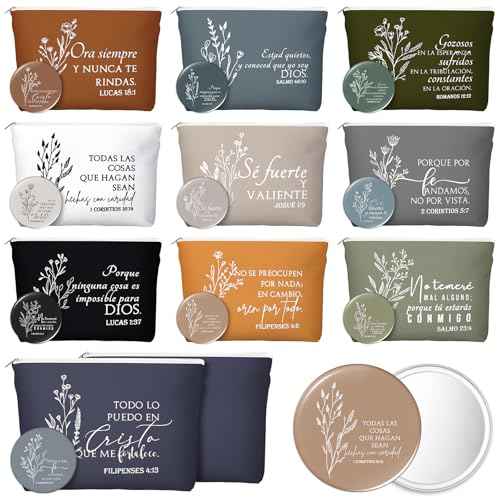 Kacctyen 10 Sets Advent Beauty Calendar Spanish Christian Gifts for Women Regalos Cristianos para Mujer for Christmas Religious Canvas Makeup Bags with Bible Verse Compact Mirrors (Boho Color)
