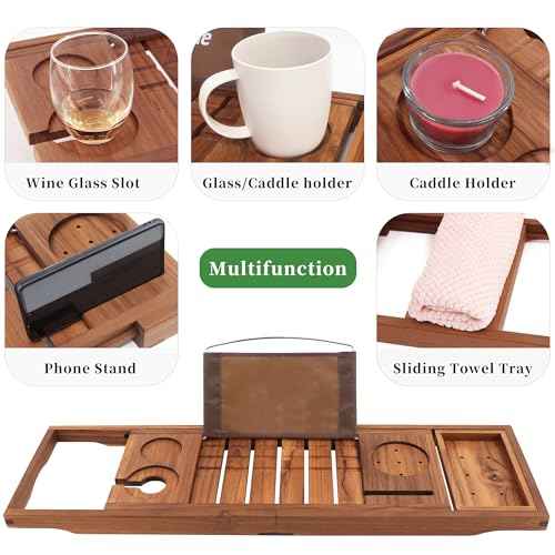 VaeFae Premium Teak Bathtub Tray, Expandable Wooden Bath Tray for Tub, Luxury Bathtub & Bathroom Accessories, Great House Warming, Anniversary & Wedding and Birthday Gifts (Free Teak Body Brush)