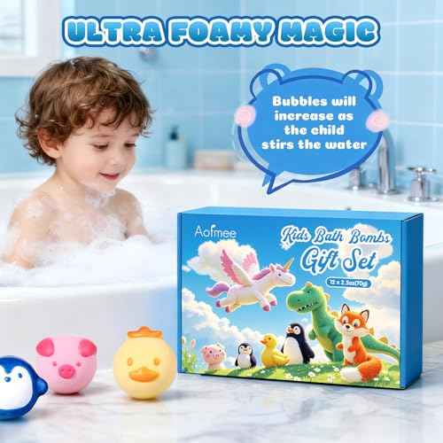 Aofmee Bath Bombs for Kids, 12 Pcs Bubble Bath Balls with 6 Animal Shapes and Fruity Aroma, Essential Oil Natural Organic Fizzy Spa Set for Boys Girls, Gift for Children Birthday Christmas