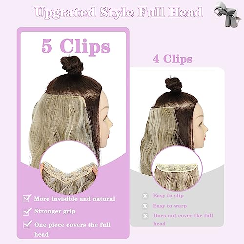 100G Clip in Real Human Hair Extensions - 22Inch Balayage Chestnut Blonde to Platinum Blonde Ombre - 3/4 Full Head One Piece Clip Ins - V Shape Invisible Curly Clip on Hair Extensions