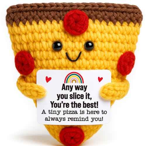 Mini Christimas Inspirational Gifts for Women Men Handmade Crochet Pizza Gift for Encouragement Self Care Motivation Comfort Positive Gift for Friend Teacher Coworker Christmas White Elephant Gifts