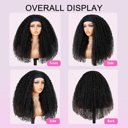 Headband Wig Human Hair Kinky Curly Headband Wigs for Black Women 20 Inch Human Hair Headband Wig Curly Human Hair Wig Half Wigs 150% Density Natural Black Color