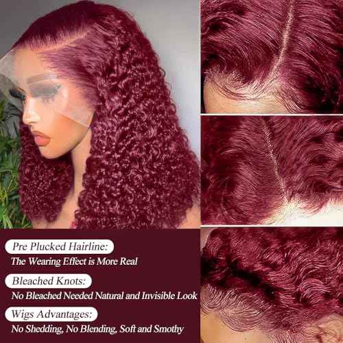 Burgundy Wig Human Hair 13x4 Deep Wave Lace Front Wigs Human Hair Pre Plucked 250% Density 99j Burgundy Lace Frontal Wigs Wet and Wavy Curly Wig for Women (18 Inch)