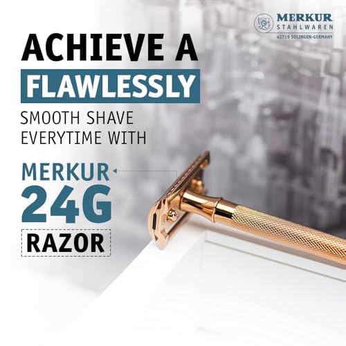 MERKUR 24G Safety Razor For Women with 10 Double Edge Blades | Extra Long Handle | Three-piece Razor | Straight Cut | Rose Gold Finish | Made in Germany