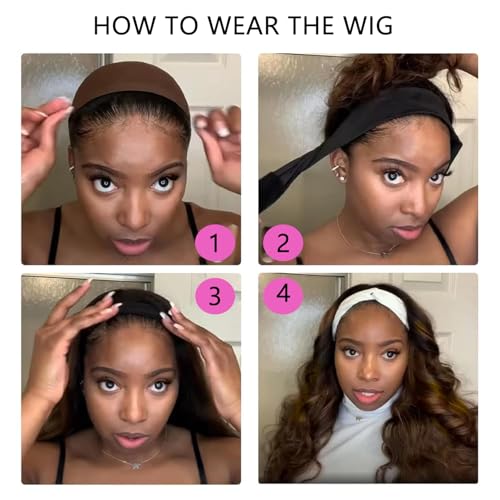 Ombre Headband Wig Human Hair #4/27 Highlight Body Wave Headband Wig Glueless None Lace Front Wig Brazilian Virgin Human Hair Wigs for Black Women Wear andGo Wig 180% Density 20 inch