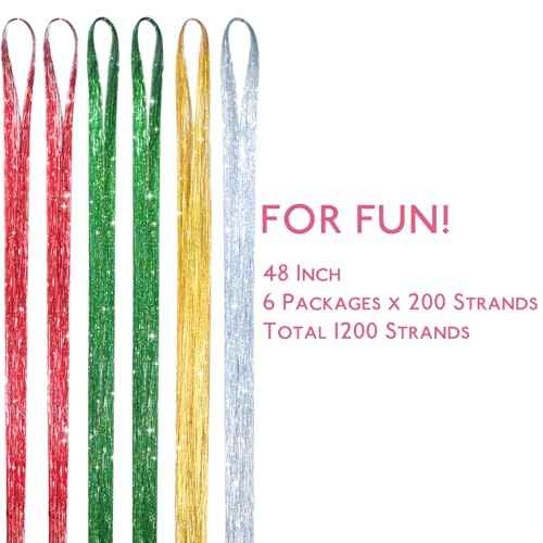 WENNALIFE Hair Tinsel for Girls, Chrismas Fairy 2PCS Red 2PCS Green 1PCS Gold 1PCS Silver 1200 Strands 6PCS 48 Inch Glitter Tinsel Hair Extensions Christmas Gift Sparkle Strands