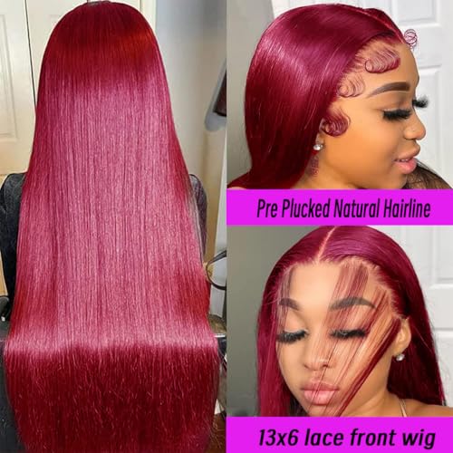 99j Burgundy Lace Front Wigs Human Hair 20Inch 13x6 Lace Front Wigs Human Hair Straight Red 180% Density HD Lace Front Human Hair Pre Plucked Pre Cut Glueless Wigs Colored For Women