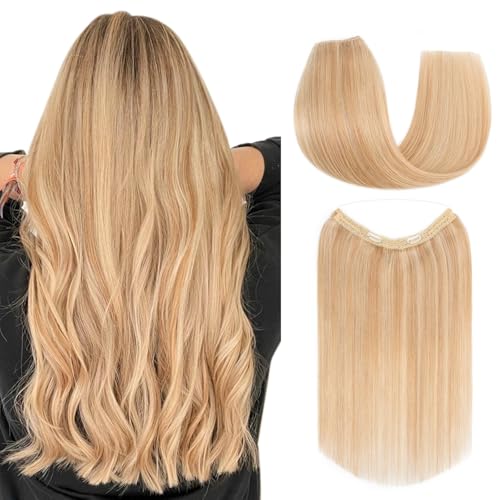 Halo Hair Extensions Real Human Hair, S-noilite Hair Halo Extensions for Women 18inch Ash Blonde/Bleach Blonde Halo Extensions Invisible Wire Hair Extensions