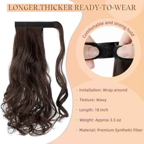 FELENDY 18" Ponytail Extension Curly Wavy Clip in Hairpiece Wrap Around Long Pony Tails Hair Extensions Synthetic for Women Medium Brown