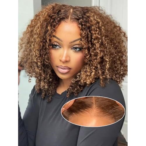 14 inch Kinkycurly Wear and Go Glueless Wig Ombre Highlight 4/27 Wigs Pre Cut Transparent Lace Wig human hair Pre Plucked,Natural Hairline for Women 200% Density