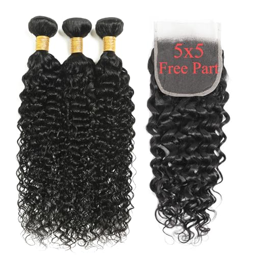 Water Wave Bundles with Closure Human Hair Wet and Wavy 100% Unprocessed Virgin Hair Bundles 16 18 20 inch Human Hair Bundles with Closure 14 inch 5x5 Lace Closure Free Part