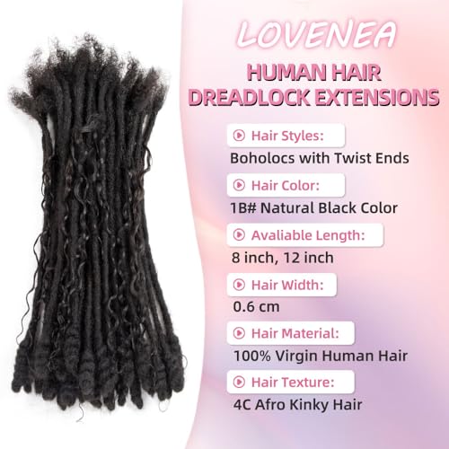 0.6 cm Human Hair Dreadlocks with Twist Ends 8 inch 30 Strands Boholocs Human Hair Handmade Dreadlock Extensions Natural Black Color Can Be Dyed Bleached Curled(1B#, 8 Inch-30 Strands)