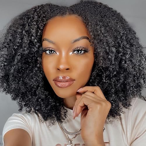 V Part Wig Human Hair Afro Kinky Curly Wig No Leave Out Brazilian Human Hair Wig For Black Women Beginner Friendly 200% Density Upgrade U Part Kinky Curly Wigs 14Inch