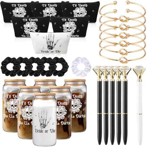 Hushee 30 Pcs Bride or Die Bachelorette Party Supplies Till Death Bridesmaids Gifts 16 oz Glass Cup Makeup Bag Scrunchy Knotted Bracelet Diamond Pen for Gothic Halloween Bridal Shower Wedding Supplies