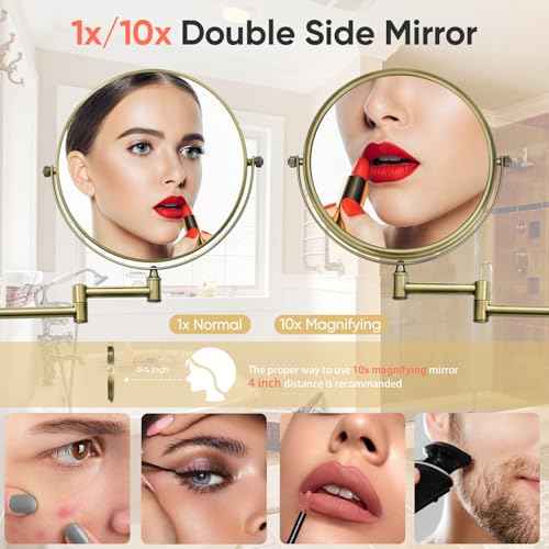 GURUN 8-Inch Double-Sided Wall Mount Makeup Mirrors with 10x Magnification Bathroom Mirror for Hotel Antique Satin Brass Finished M1406K(8in,10X)
