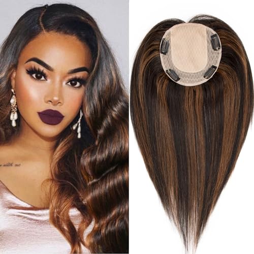 Hair Toppers for Women Real Human Hair 14 inch Straight Human Hair Toppers with No Bangs 13X13 cm Skin Scalp Base for Thinning Hair Top Hair Pieces Remy Hair Topper (P1B/4#, 14 Inch)