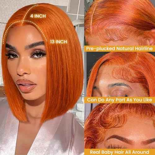Ginger Orange Bob Wig Human Hair 13x4 HD Lace Frontal Wigs Human Hair for Women Ginger Glueless Short Straight Bob Lace Frontal Wigs 180% Density #350 10 Inch