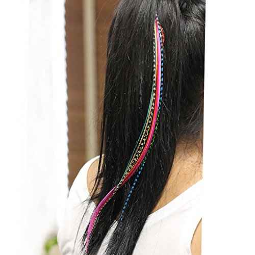 Feather Hair Extension ? 100% Real Rooster Grizzly and Solid Feathers, Rainbow Colors Individual Feathers, Ranging From 8 to 11 Inches in Length, Total of 20 Feathers, Includes Beads and Loop Tool Kit
