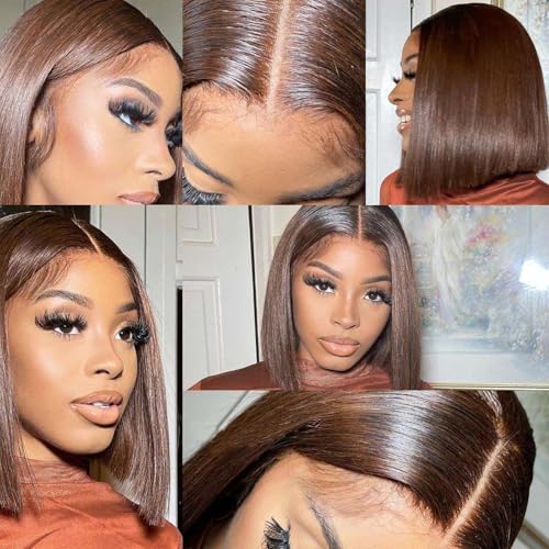 #4 Brown Bob Lace Front Wigs Human Hair Straight HD Transparent Brown Bob Wig Human Hair Wear and Go Glueless Wig Pre Plucked Short Bob Wigs For Black Women 14inch