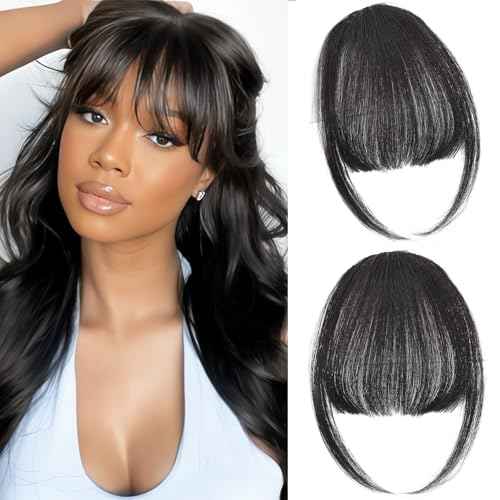 Clip in Bangs 100% Real Human Hair, Wispy Bangs Hair Clip, Fake Bang Fringe with Temples Hairpieces for Women Daily Wear (Natural Black, Wispy Bangs)