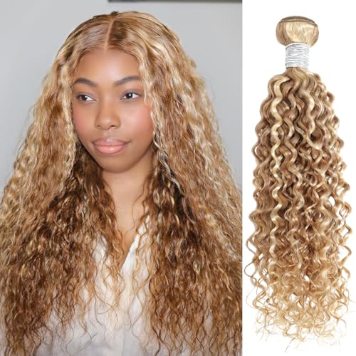 13A 27/613 Human Hair Bundles Water Wave 22 Inch, Soft and Silky Highlight Blonde Single Curly Bundle Wet n Wavy 100% Raw Hair Ombre Highlight Honey Blonde Sew In Weave #F27/613 Colored Weft