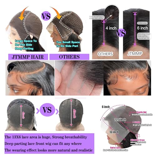 JTMMP 18 Inch Body Wave Lace Front Wigs Human Hair Pre Plucked 200% Density 13x6 Lace Front Wigs Human Hair HD Transparent Lace Frontal Wigs Human Hair for Women Natural Black