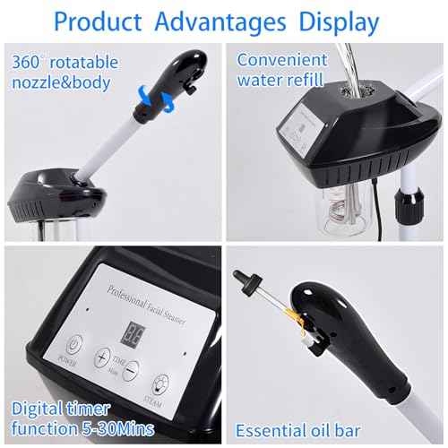 Professional Facial Steamer on Wheels, Facial Steamer for Facial Deep Cleaning, Facial Humidifier for Spa, Adjustable Height for Spa, Salon and at Home Use