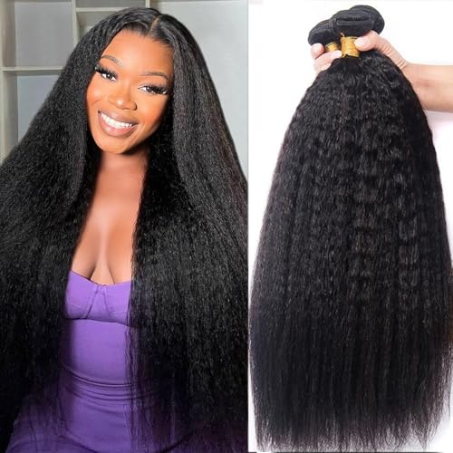 Kinky Straight Bundles Human Hair 18 20 22 Inch Yaki Straight Bundles Real Human Hair Bundles 100% Unprocessed Brazilian Hair Deals Kinkycurly Human Hair Extensions Quick Weave Natural Black