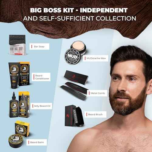 Bossman Big Boss Beard Care Kit for Men - 7 Piece Beard Grooming Kit with Jelly Beard Oil, Beard Conditioner, Beard Balm, MUDstache Wax, Bar Soap, Metal Comb, Brush - Gift Set for Men (Gold)