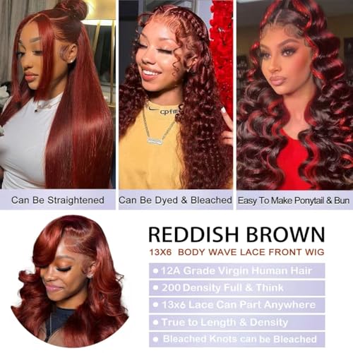 26 Inch Reddish Brown Wig Human Hair 13x6 Body Wave Lace Front Wigs HumanHair 200% Density HD Transparent 33# Lace Frontal Wigs Pre Plucked With Baby Hair Brownish Red Human Hair Wig For Women