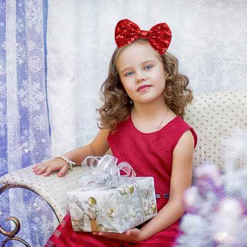 KISZU Large 5 Inch Glitter Hair Bows Clips, Sparkling Sequin Big Bow HairPins for Baby Girls Children Teens and Women (Red)