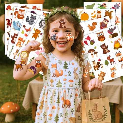 96PCS Woodland Animal Pre-Cut Temporary Tattoos for Kids - Cute Forest-Themed Party Favors, Perfect for Birthday Parties, School Prizes, Autumn Celebrations