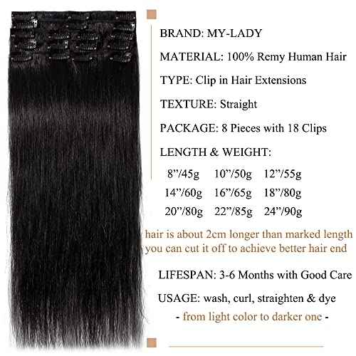 MY-LADY Clip in Hair Extensions Real Human Hair Jet Black 20 Inch 80g Remy Hair 8pcs Weft Balayage Full Head Silky Natural Straight for Women