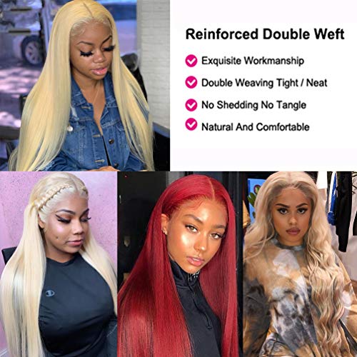 613 Blonde Human Hair Bundles with Closure 100% Brazilian Virgin Straight Bundles with 4x4 Lace Closure 613 Platinum 3 Straight Bundles Human Hair Weave with 4x4 Lace Closure (10 12 14+10)