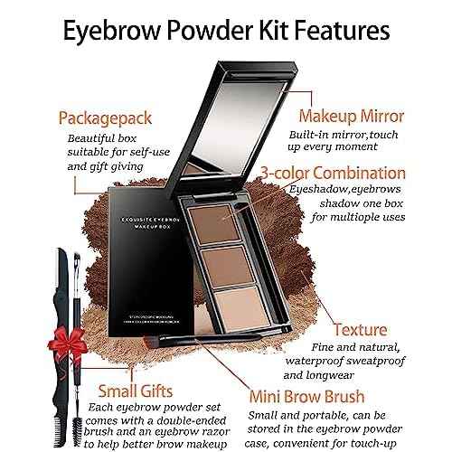 Eyebrow Powder Makeup Kit-3 Colors Eye Brow Powder Palette Long-Lasting Waterproof, Dark/light Brown Brow Filler, Fill & Sculpt Full Eyebrows for Women, With Mirror, Brow Brush & Razor-Set 02