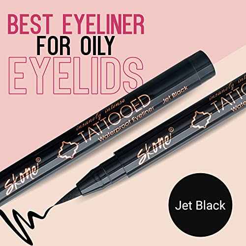 Skone Waterproof Liquid Eyeliner - Long Lasting & Smudge Proof - Insanely Intense Tattooed Eyeliner Pen with Felt Tip Applicator - Jet Black (0.07oz)