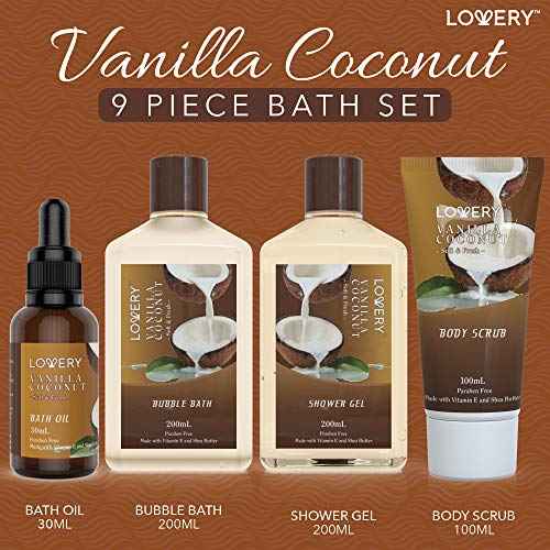 Christmas Gifts For Women Gift Basket for Women? 9 Piece Set of Vanilla Coconut Home Spa Set, Includes Fragrant Lotions, Extra Large Bath Bombs, Coconut Oil, Luxurious Holiday Bath & Body Gift Sets