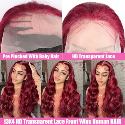 99j Burgundy Lace Front Wigs Human Hair 13x4 HD Transparent Body Wave Lace Front Wigs Human Hair Pre Plucked 180% Density Glueless Red Human Wigs for Women (24 Inch)