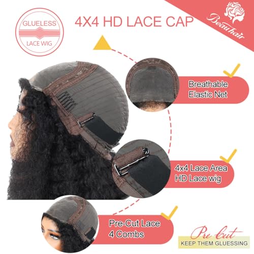 Afro Kinky Curly Lace Closure Wigs Human Hair Wear and Go Glueless Wig 4C Edges Afro Curly 4x4 Lace Pre Cut Pre-Plucked Hairline 210% Density 18 inch human hair wigs for black women