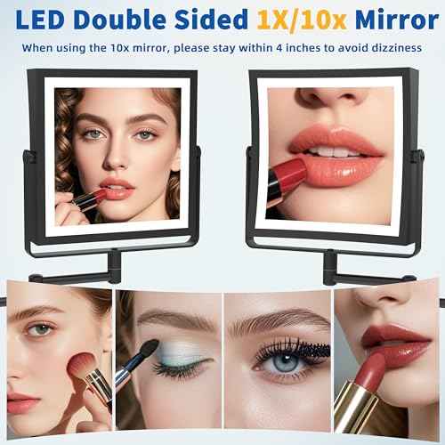 Ruacq Rechargeable Wall Mounted Makeup Mirror with Lights, Double Sided 1X/10X Magnifying Vanity Mirror with 3 Color Lighting, Touch Screen Dimmable, 360¡Æ Rotation Extension Foldable Arm(Matte Black)