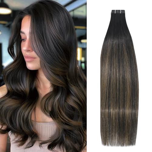 Tape in Hair Extensions 1BT6P1B Natural Black to Chestnut Brown 100% Remy Human Hair Extensions Silky Straight for Fashion Women 20 Pcs/Package(22Inch #1BT6P1B 60g)