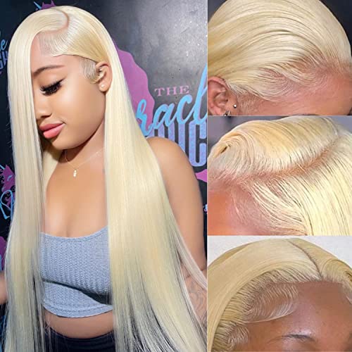 Myecool 613 Lace Front Wig Human Hair 13¡¿4 Straight 613 HD Lace Frontal Human Hair Wigs for Women Pre Plucked Bleached Knots With Baby Hair (22Inch, 150% Density Blonde Wig)